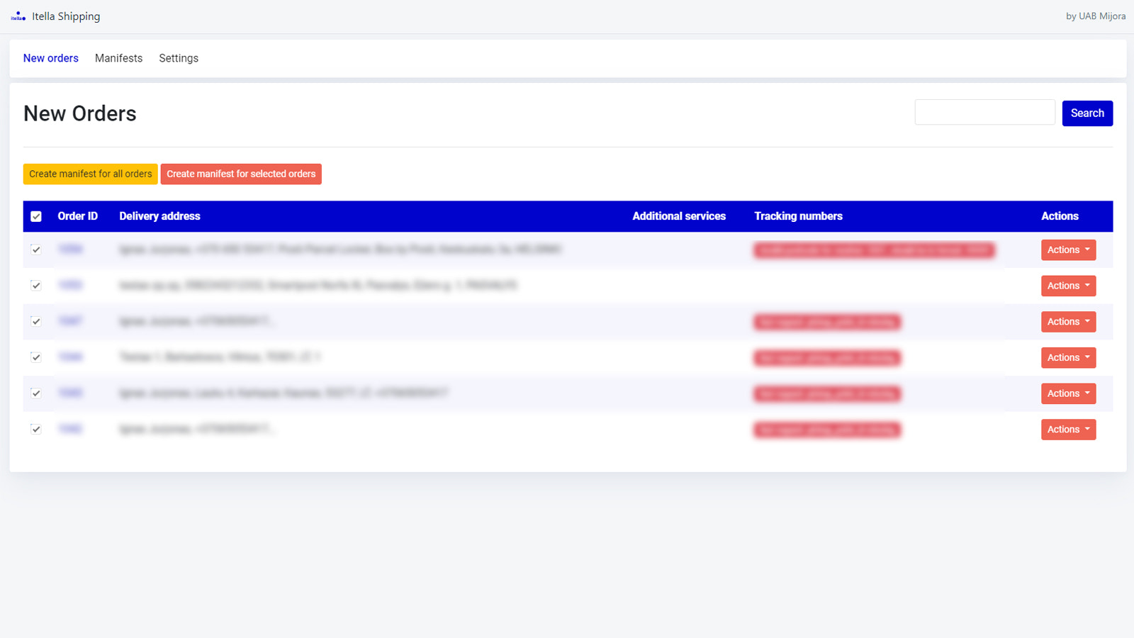 Page des nouvelles commandes de l'application Itella shipping