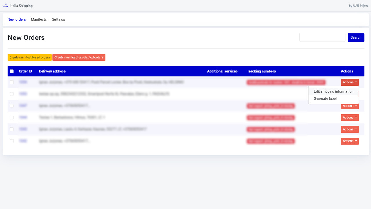 Page des nouvelles commandes de l'application Itella shipping avec des articles sélectionnés et un menu déroulant