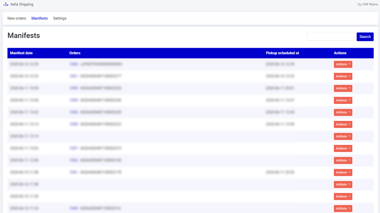 Page des manifestes de l'application Itella shipping