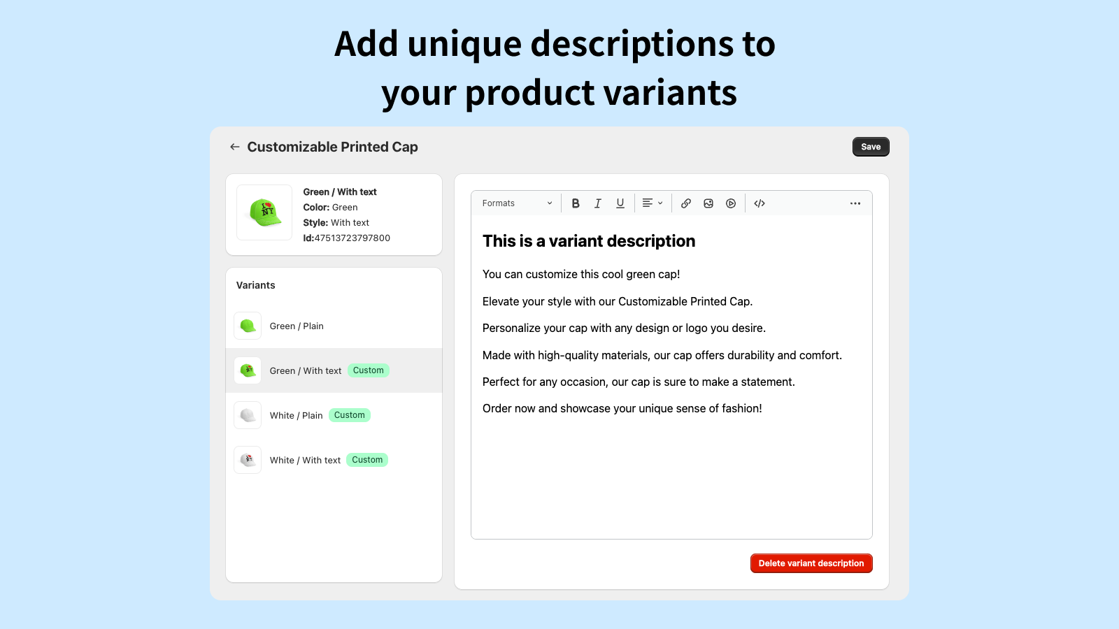 product variant description for product customization