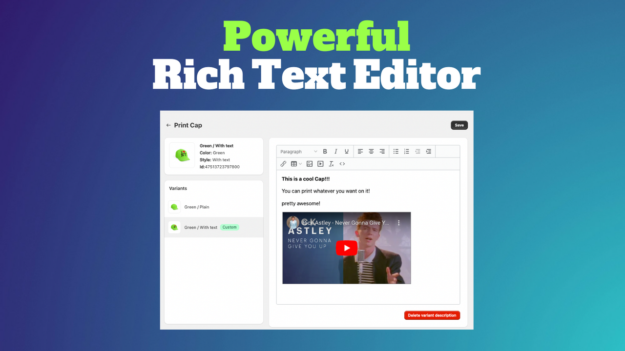 Potente editor de texto enriquecido para producto, descripción de variante