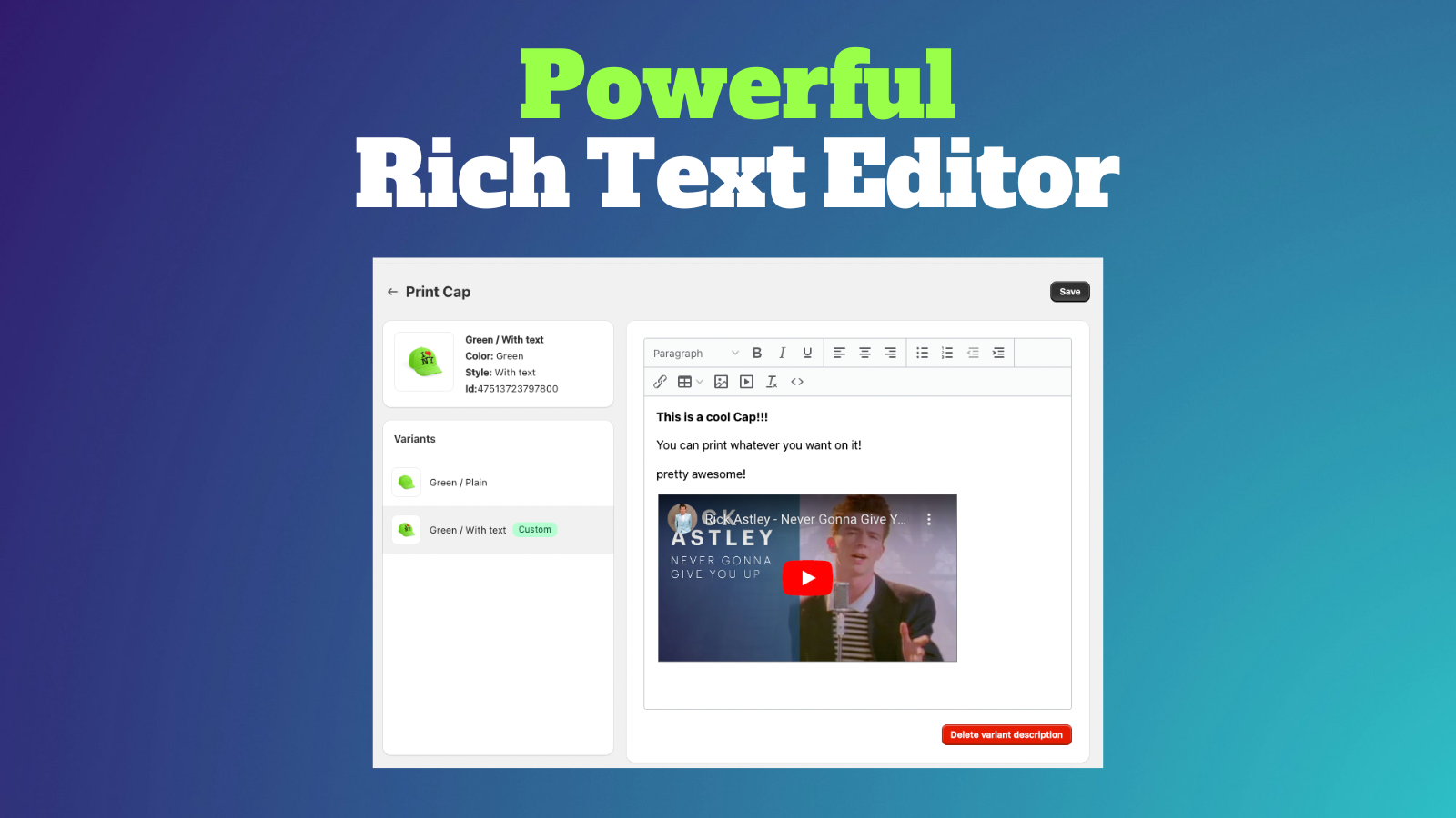 Powerful rich text editor for product, variant description