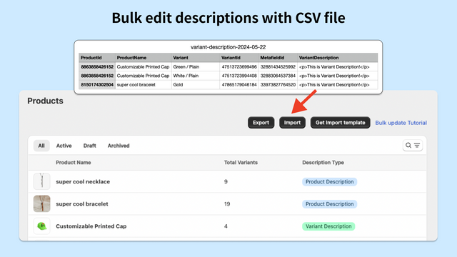edición en masa de descripción de variante con archivo CSV