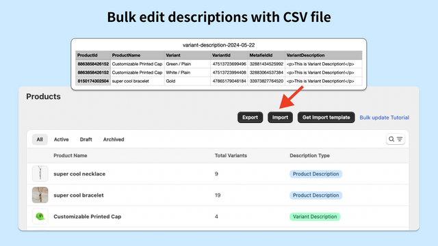 massredigering av variantbeskrivning med CSV-fil