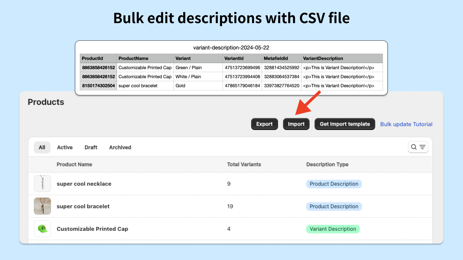 使用 CSV 文件批量编辑变体描述