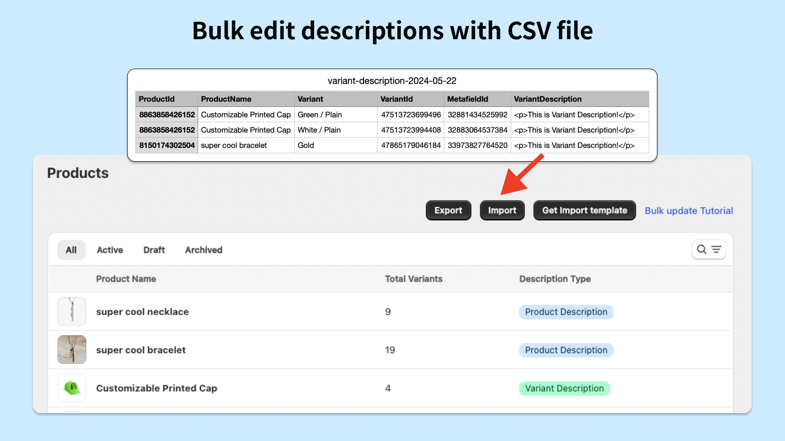 édition en masse de la description de variante avec fichier csv