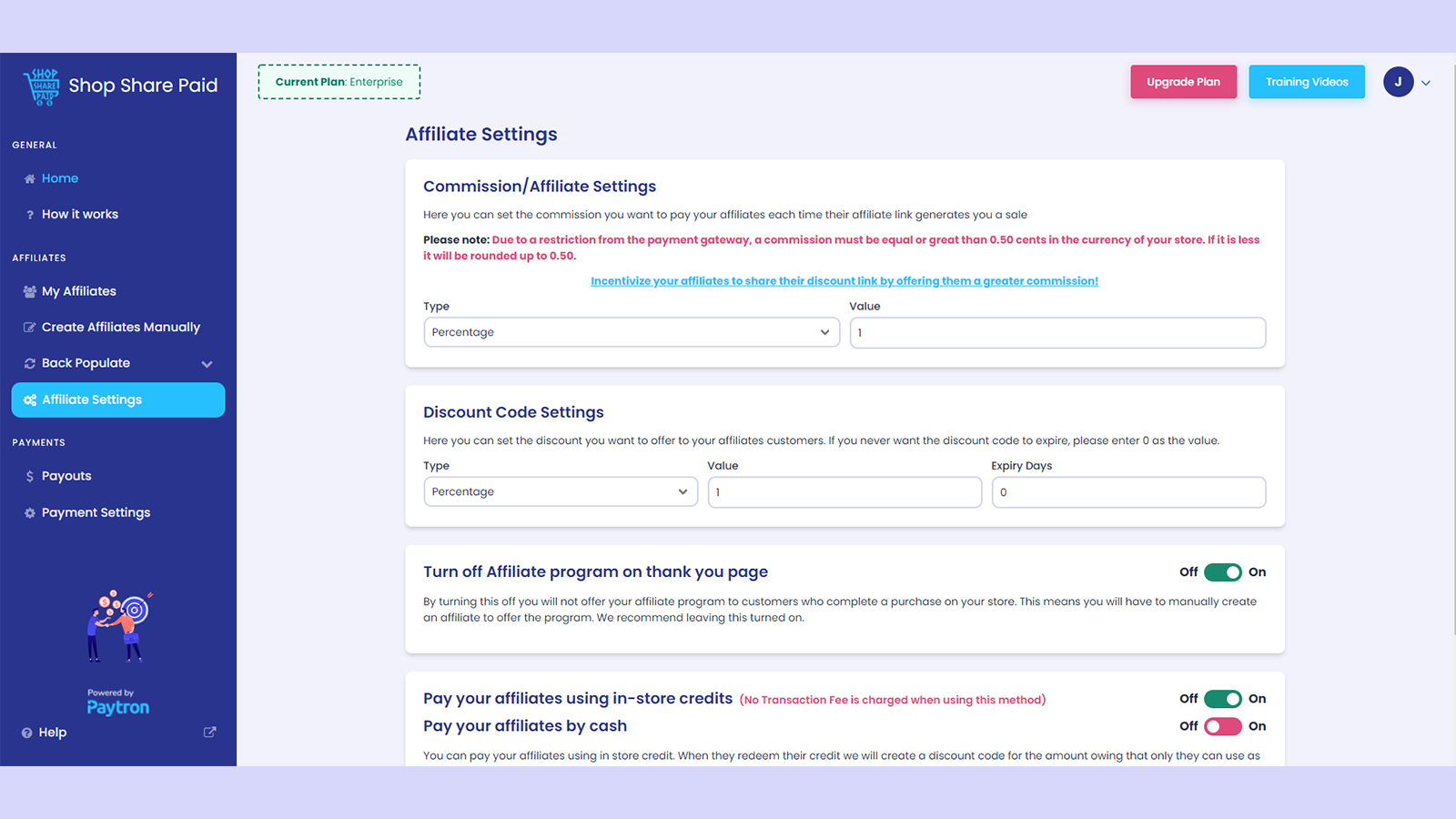 Commission and discount code settings page