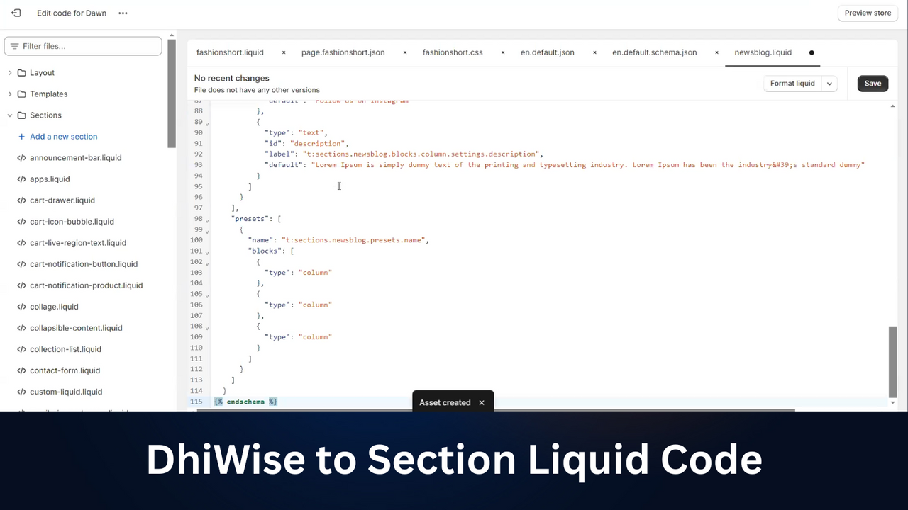 Código Liquid de sección generado por DhiWise
