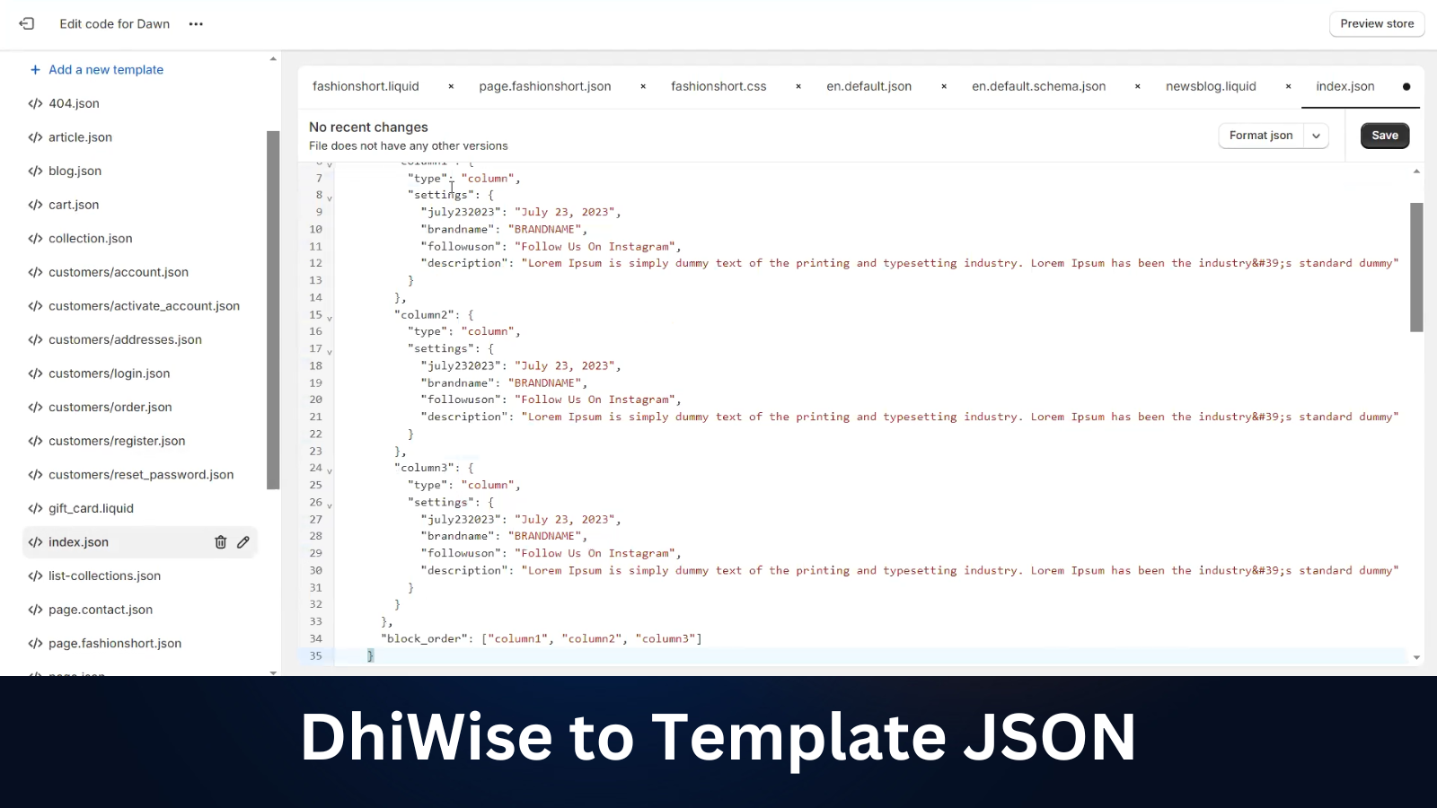 JSON de template gerado pelo DhiWise