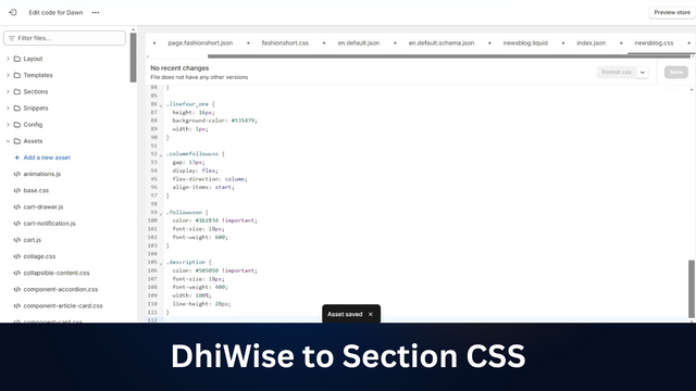 Für die Section von DhiWise generierte CSS-Datei