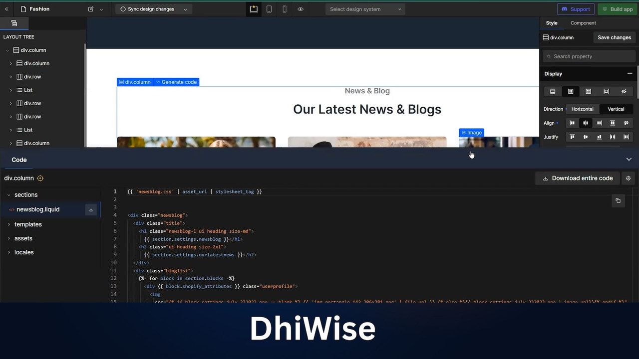 Code Liquid généré par DhiWise pour une section