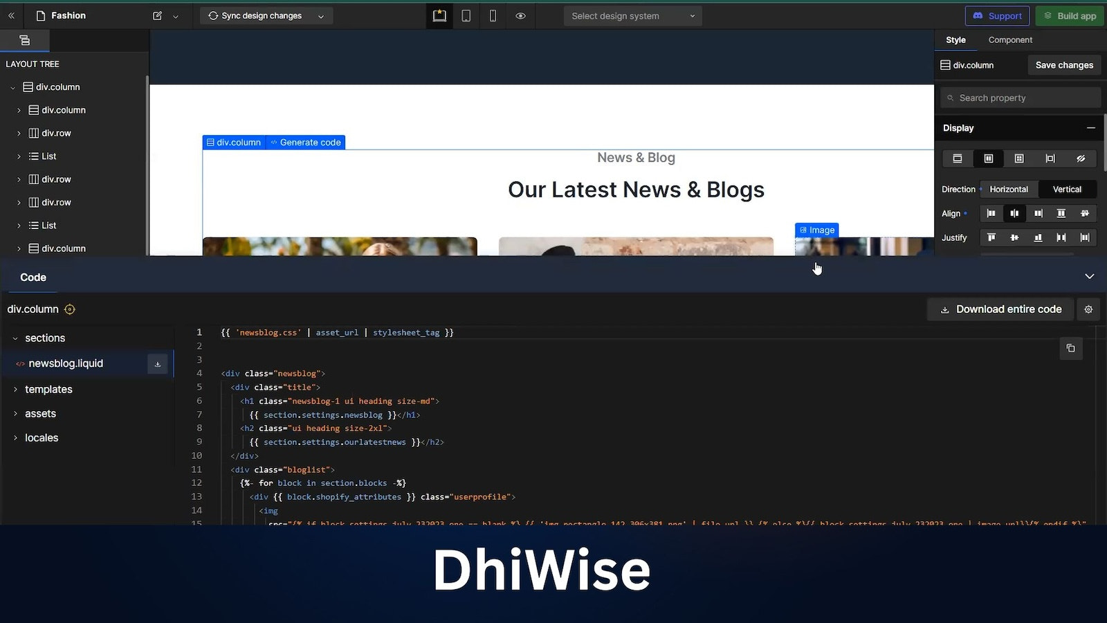 DhiWise genereret Liquid-kode for sektion