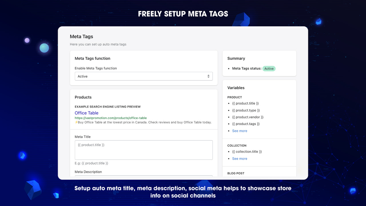 Auto meta tag for products, collections, pages, blog posts