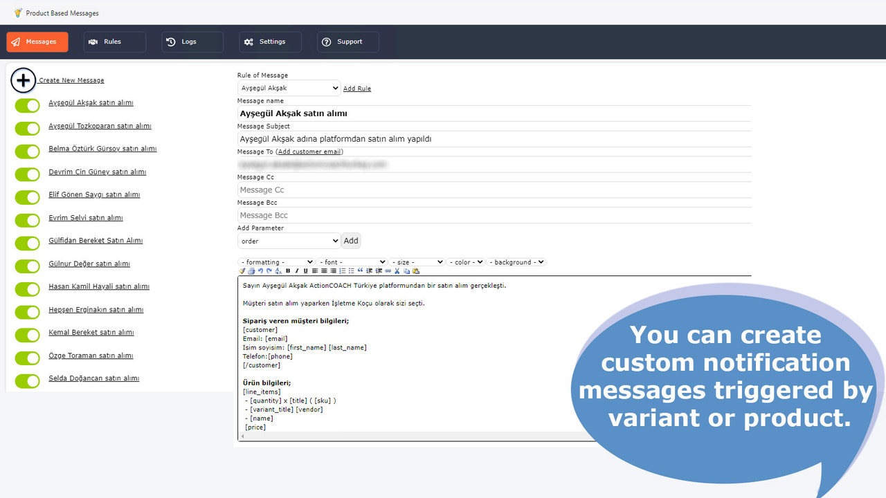 Puedes crear mensajes de notificación personalizados activados por producto