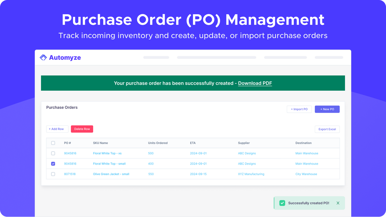 Track incoming inventory and create, update, or import PO's