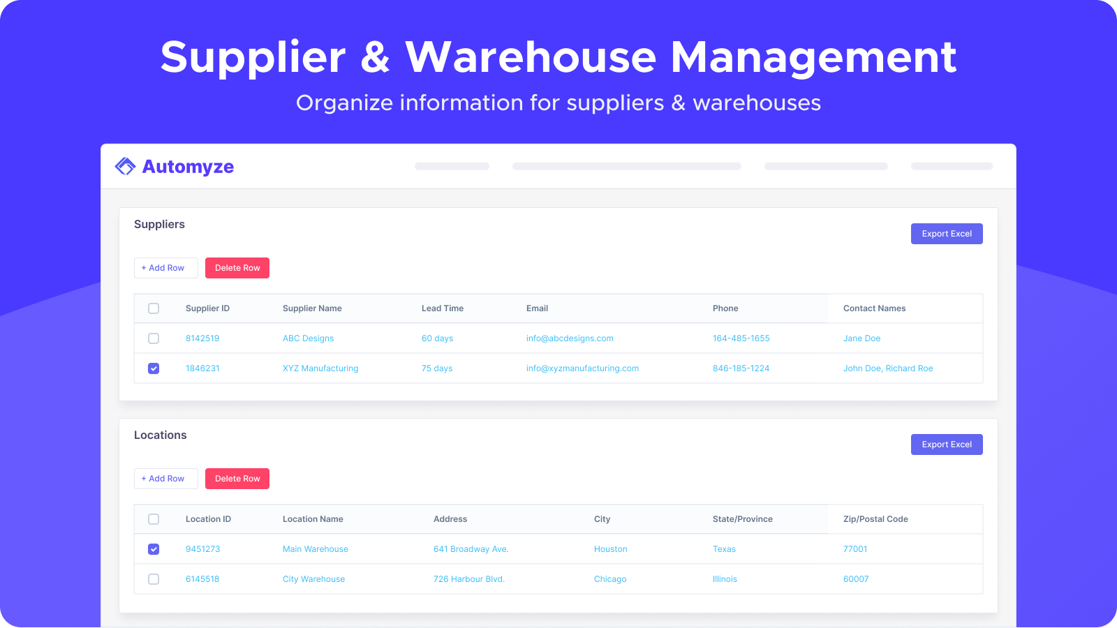 Organize information for suppliers & warehouses