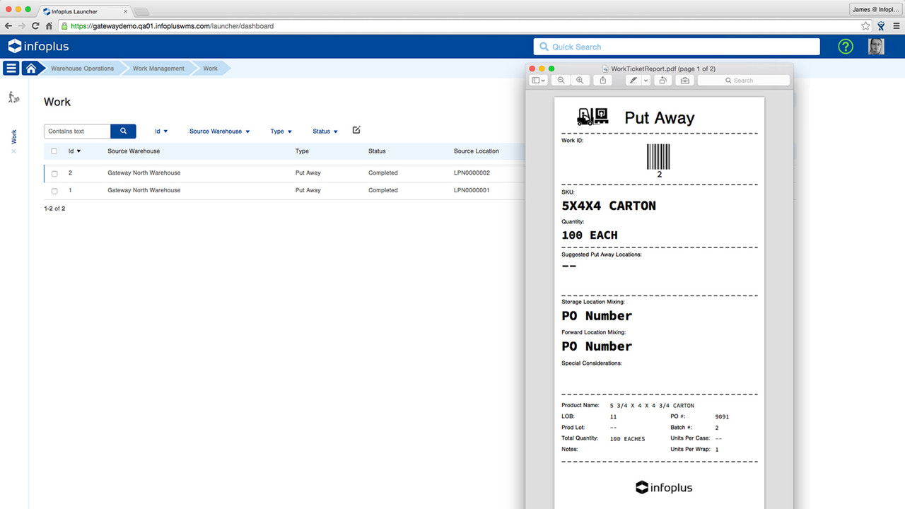 Infoplus Work table and ticket