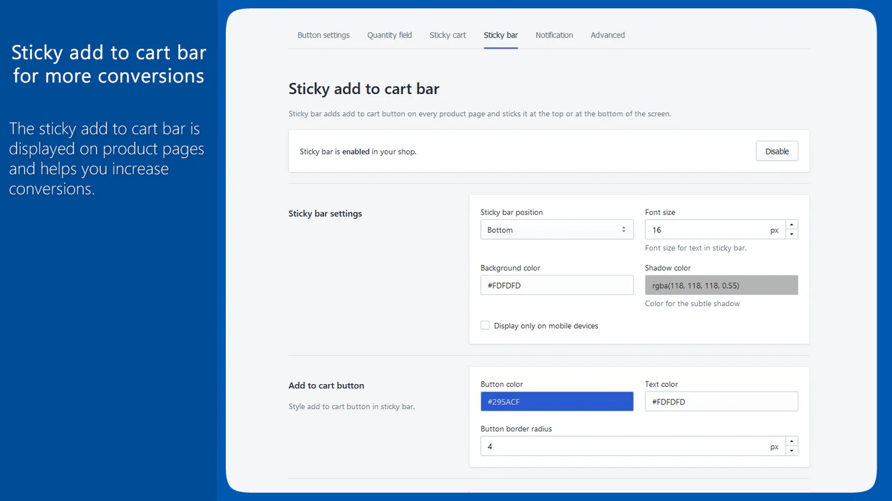 Configuraciones de barra fija en páginas de productos