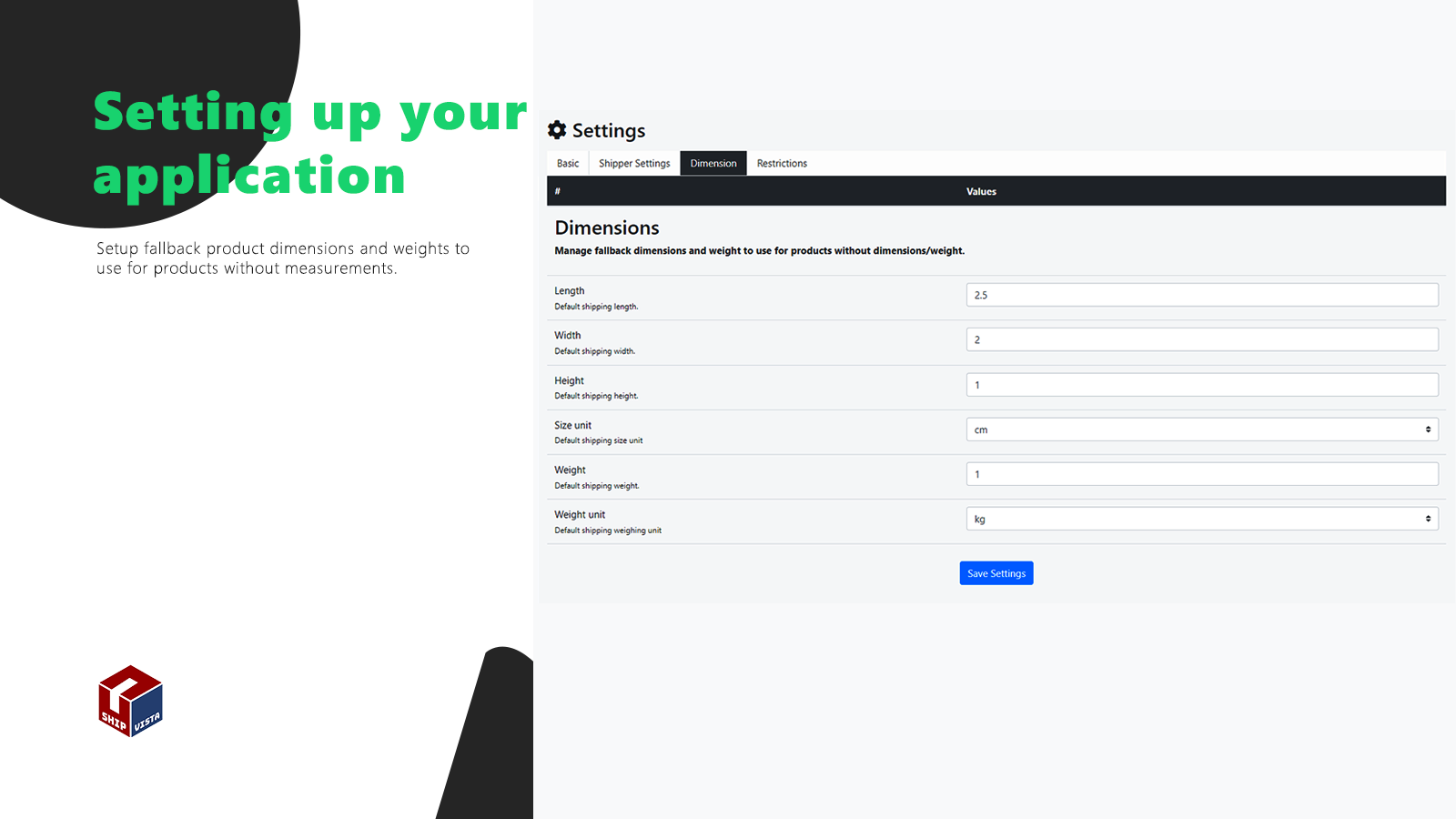 Demension Settings - Set fallback dimensions to use for products