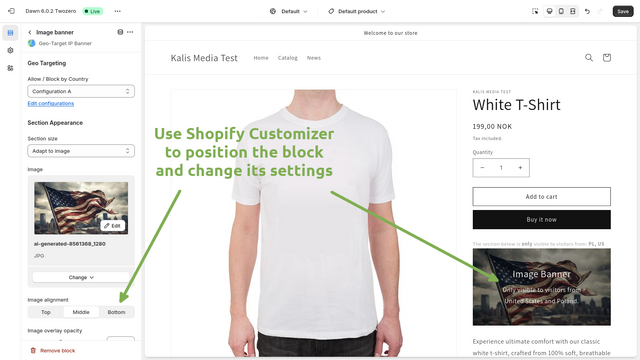 Opções do Personalizador Shopify para bloco de banner Geo-Target IP Banner