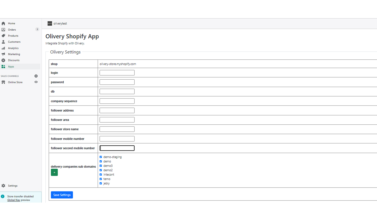 configuración de la aplicación