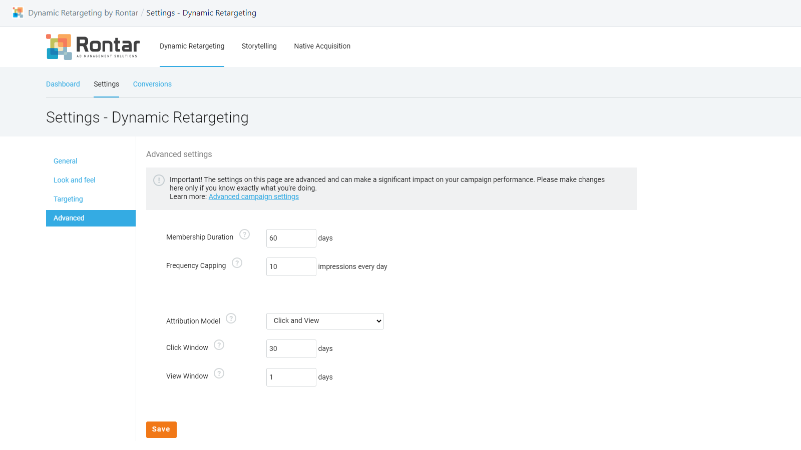 Página de configuración avanzada de Rontar