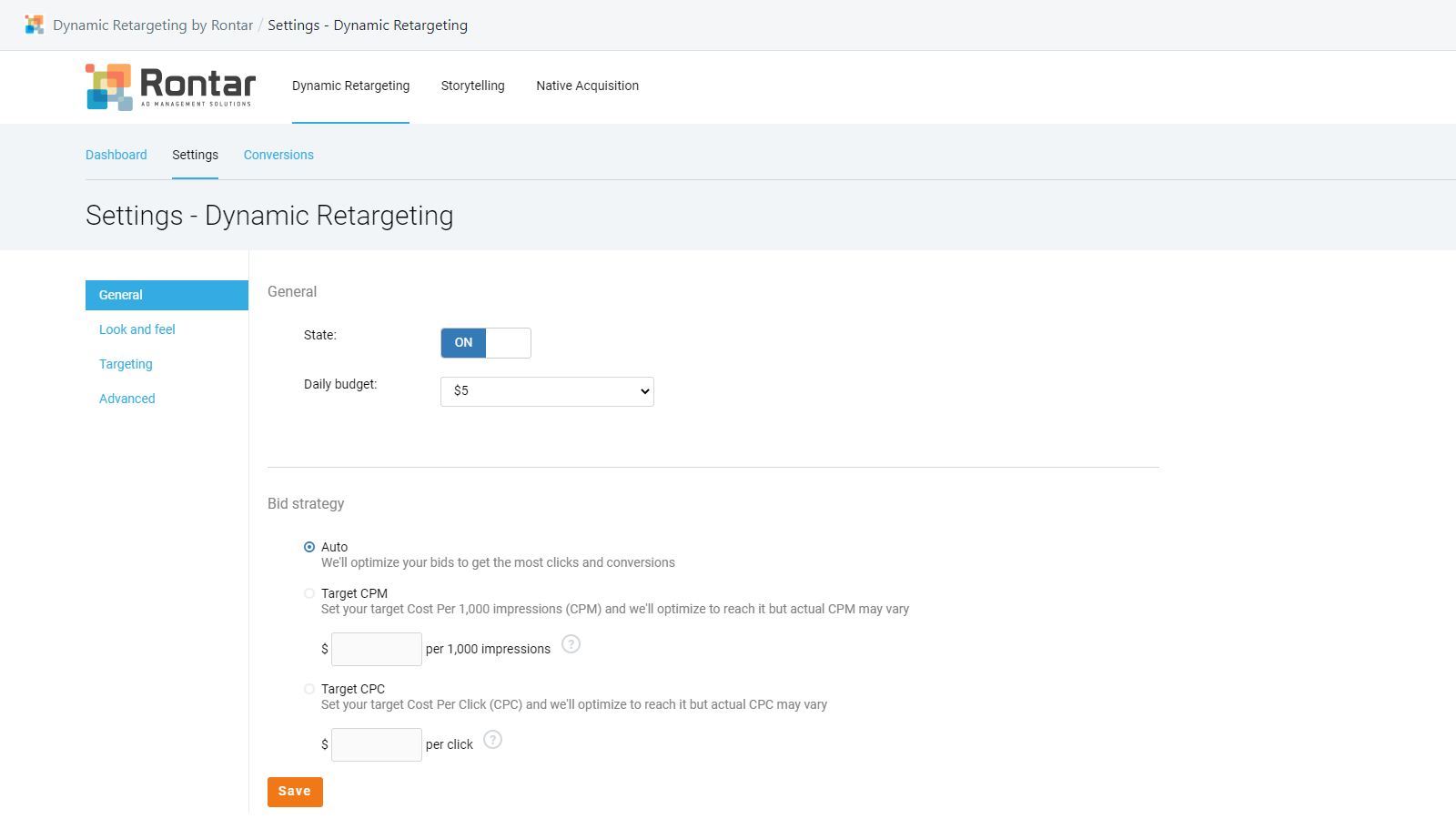 Página de configuración general de Rontar