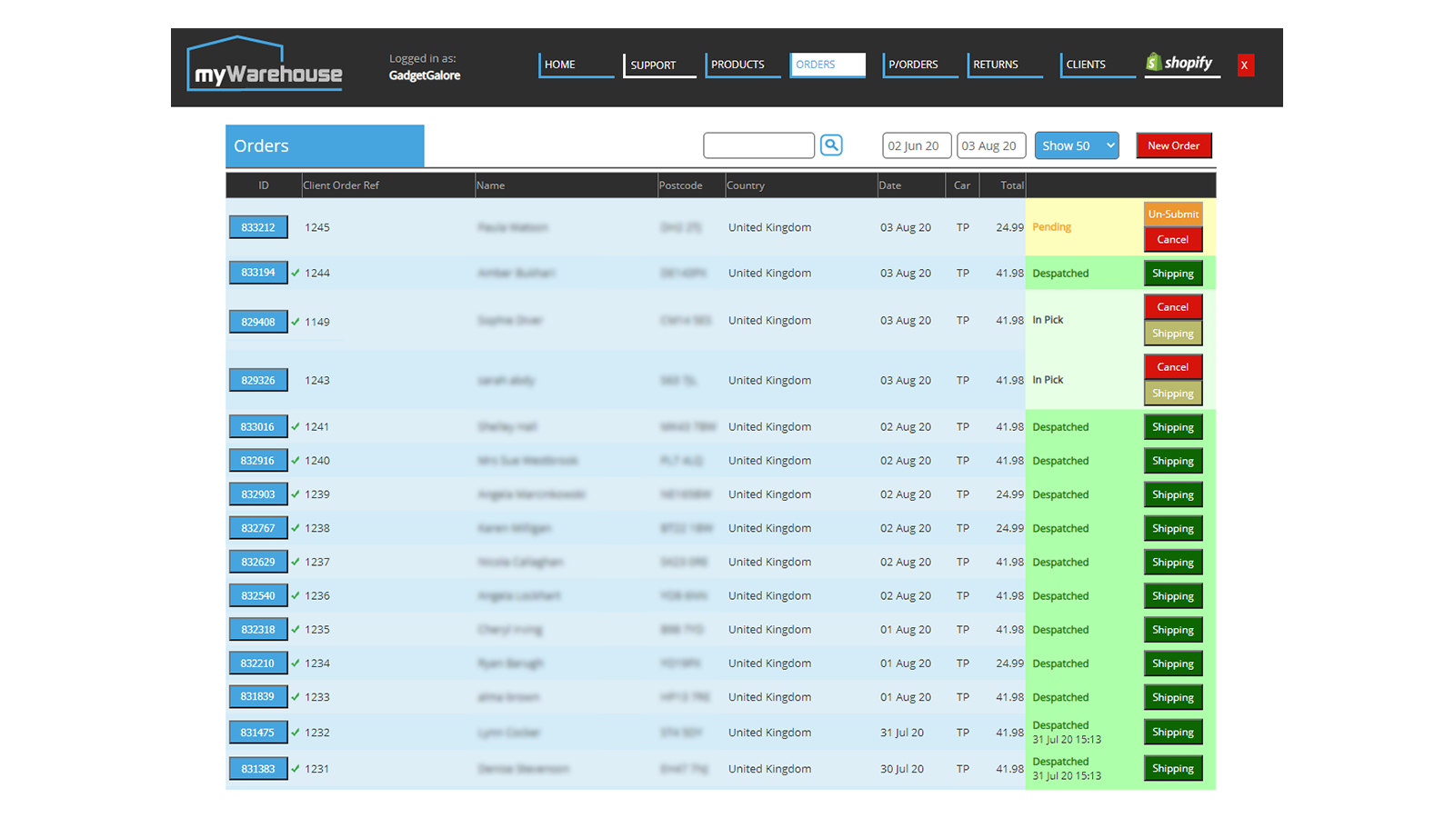 myWarehouse Order Fulfilment Screenshot