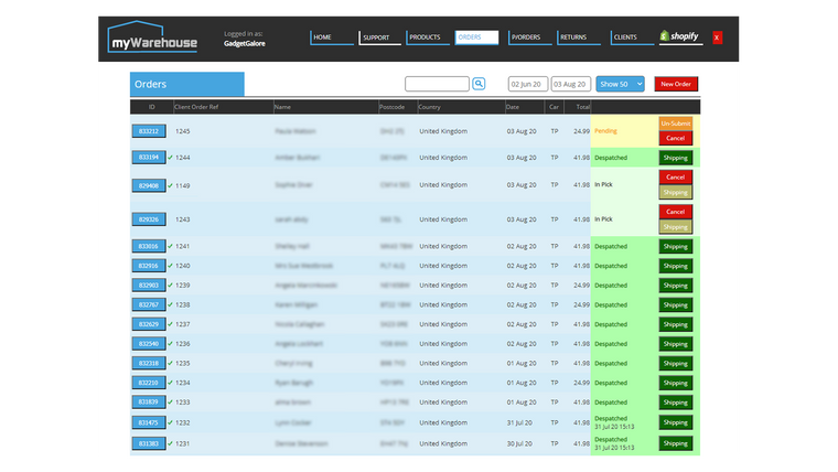 myWarehouse Order Fulfilment Screenshot