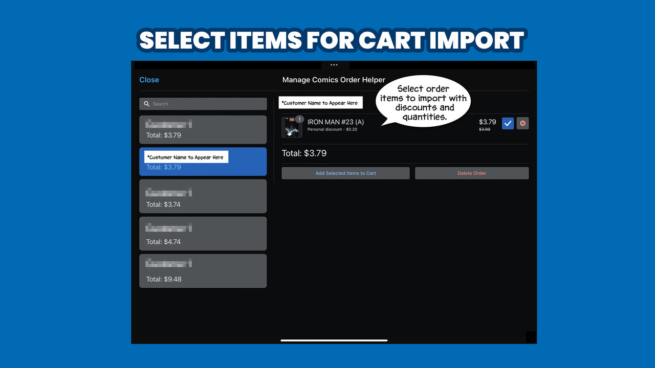 Select items for cart import.