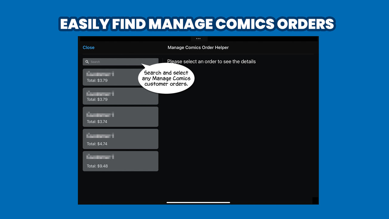 Encuentre fácilmente pedidos de Manage Comics.