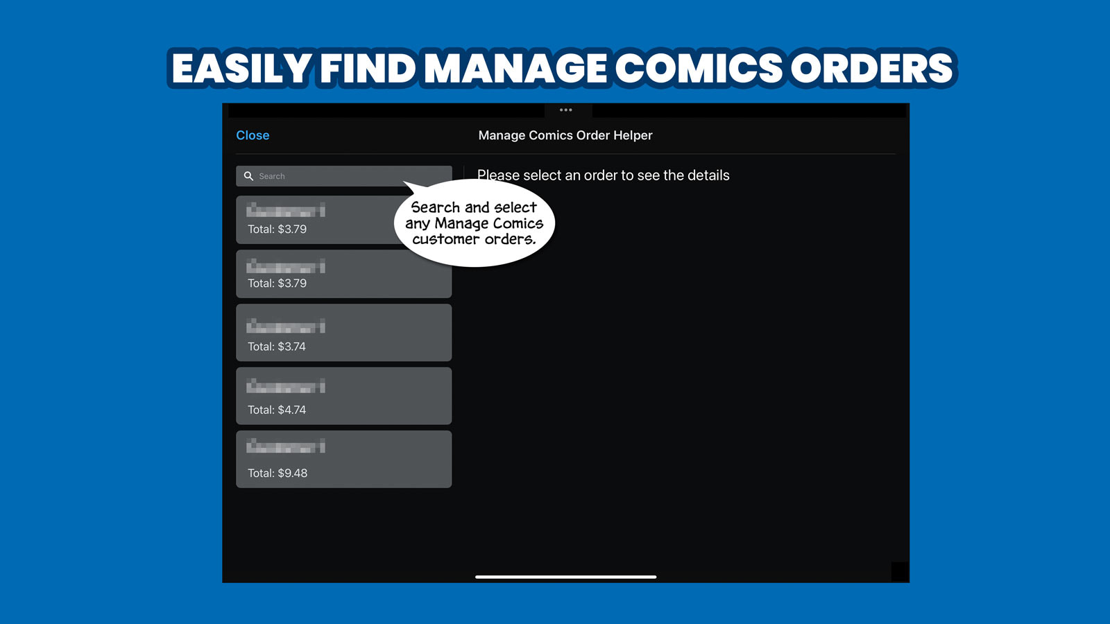 Encuentre fácilmente pedidos de Manage Comics.