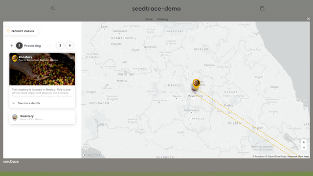 popup de viaje del producto seedtrace