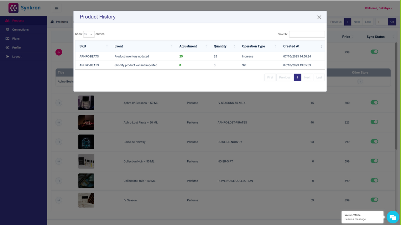 Inventory change history