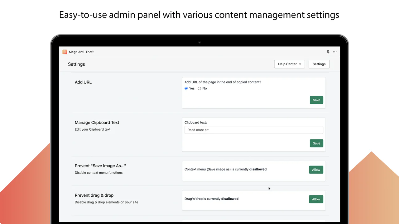 Options d'administration de Mega Anti-Theft – ajoutez un backlink URL au texte copié