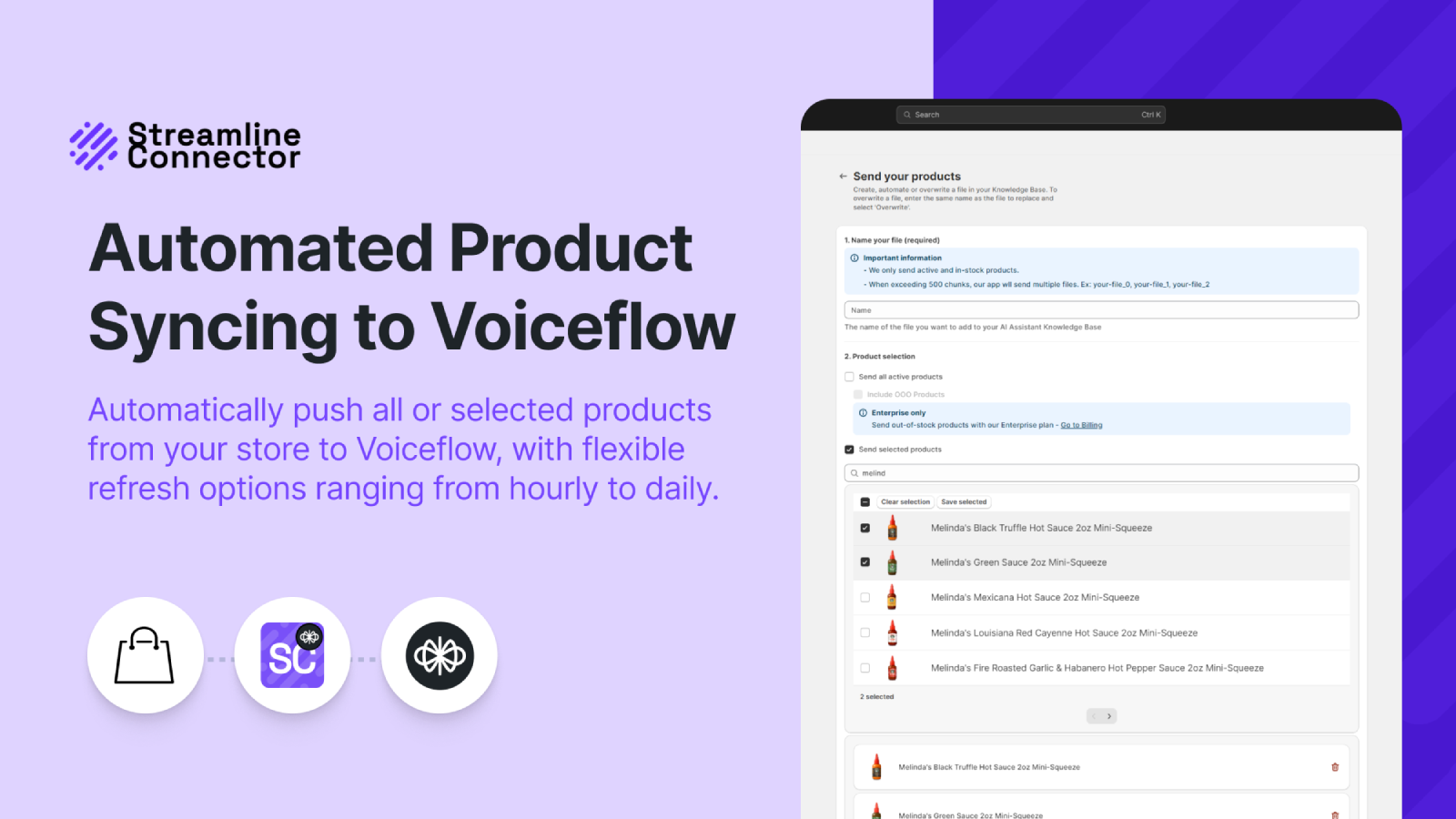 Streamline Connector synchronisant les produits avec Voiceflow