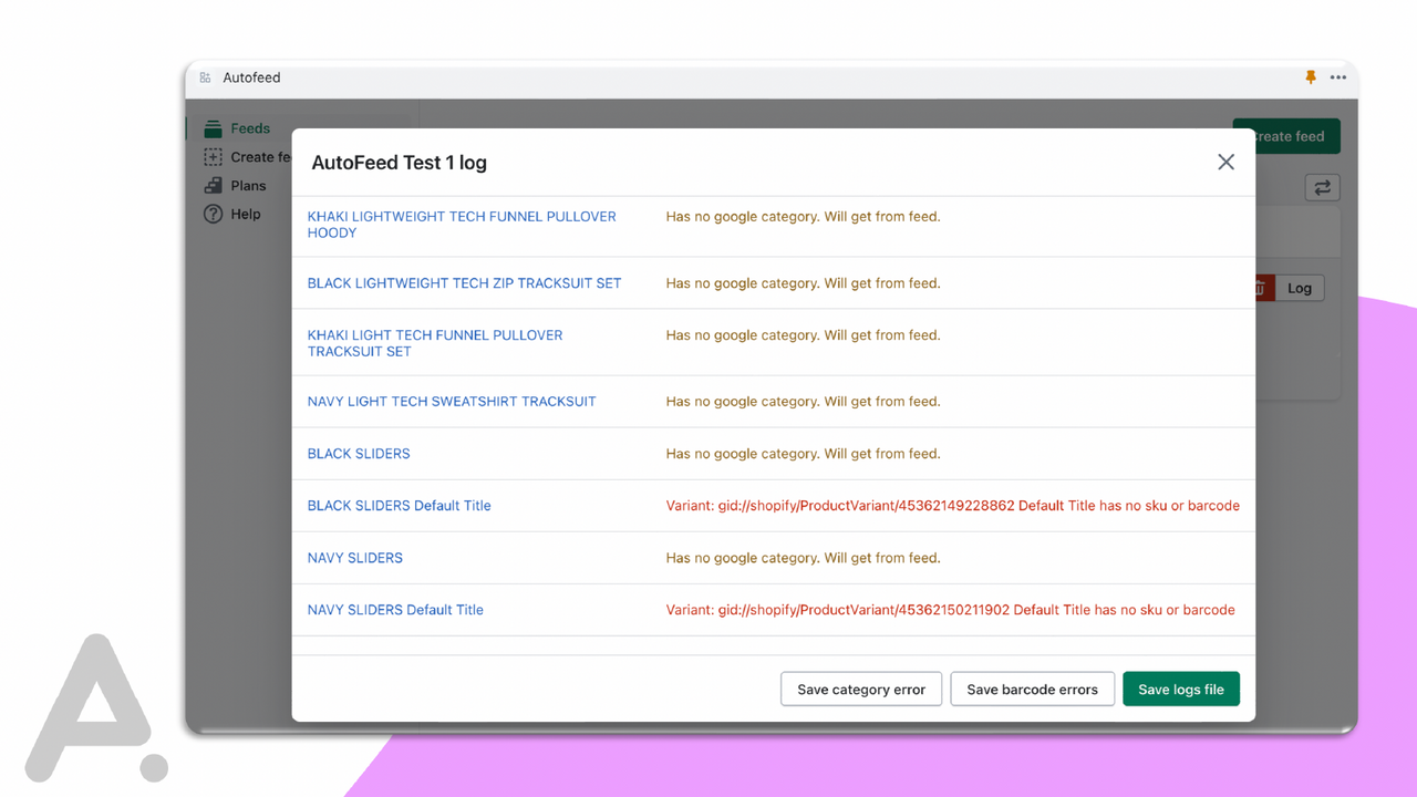 AutoFeed foutuitvoer voor geen categorie of barcode/GTIN