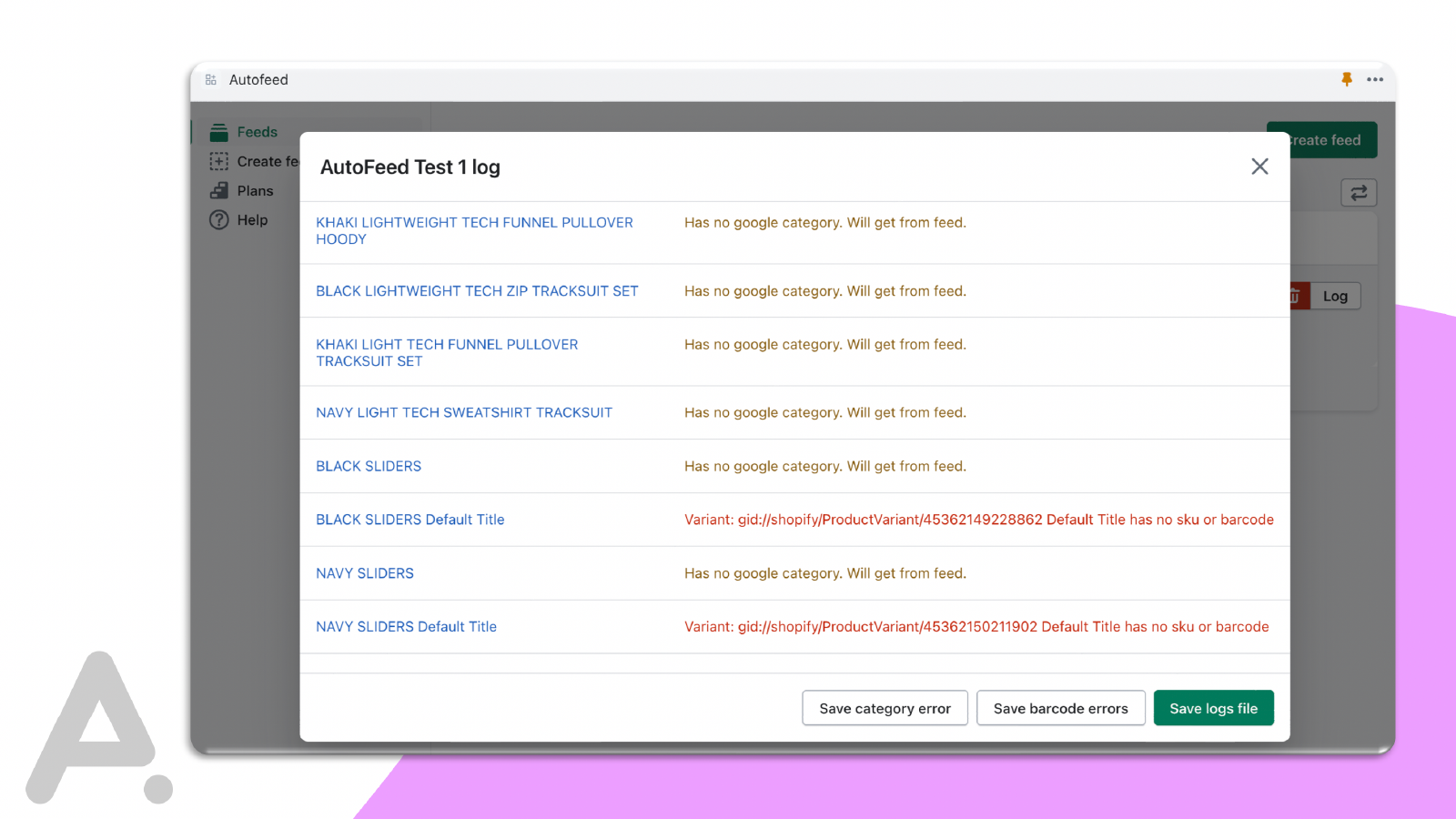 AutoFeed fejl output for ingen kategori eller stregkode/GTIN