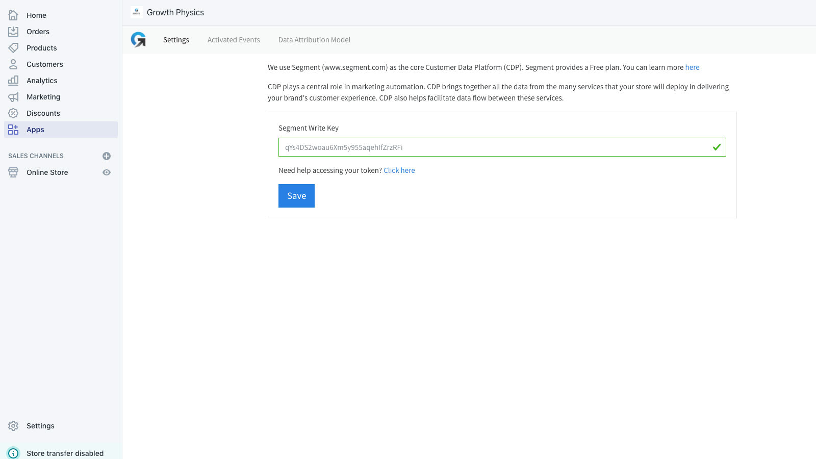 Simply enter your Segment key to enable Segment for your store