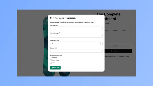 Form before adding to cart