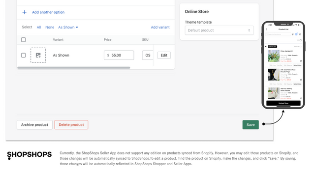 Sincronize os detalhes e o status do produto entre ShopShops e Shopify.