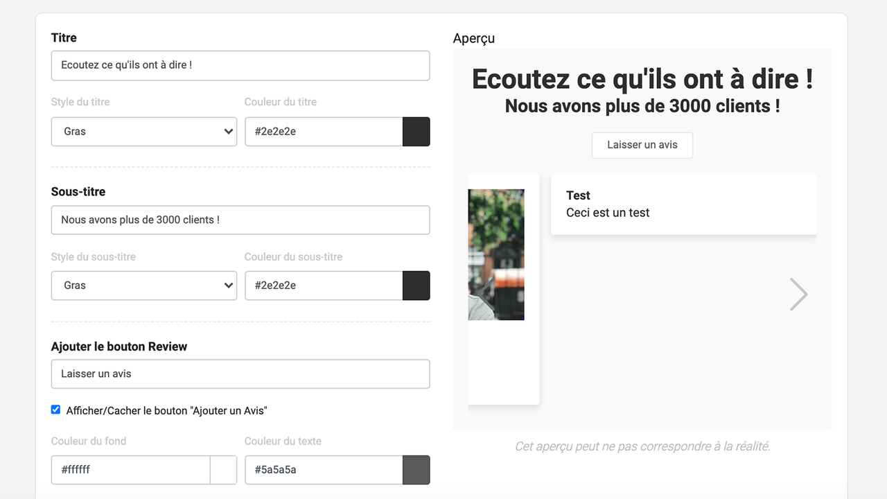 Modifiez les paramètres de vos avis en carrousel