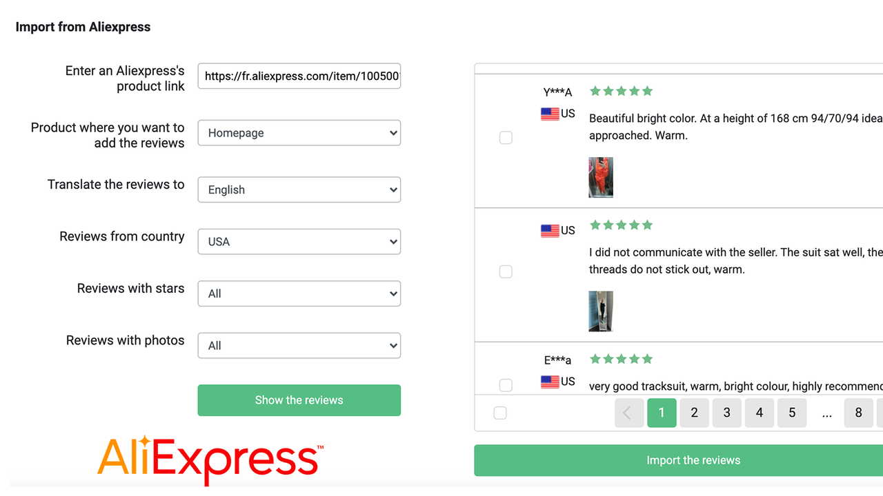 Importe avaliações do Aliexpress ou Loox