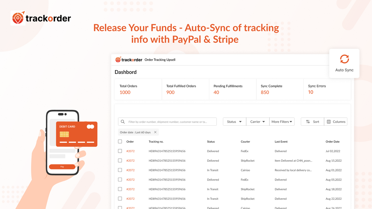 Libere seus fundos - Sincronização automática de informações de rastreamento com PayPal e Stripe