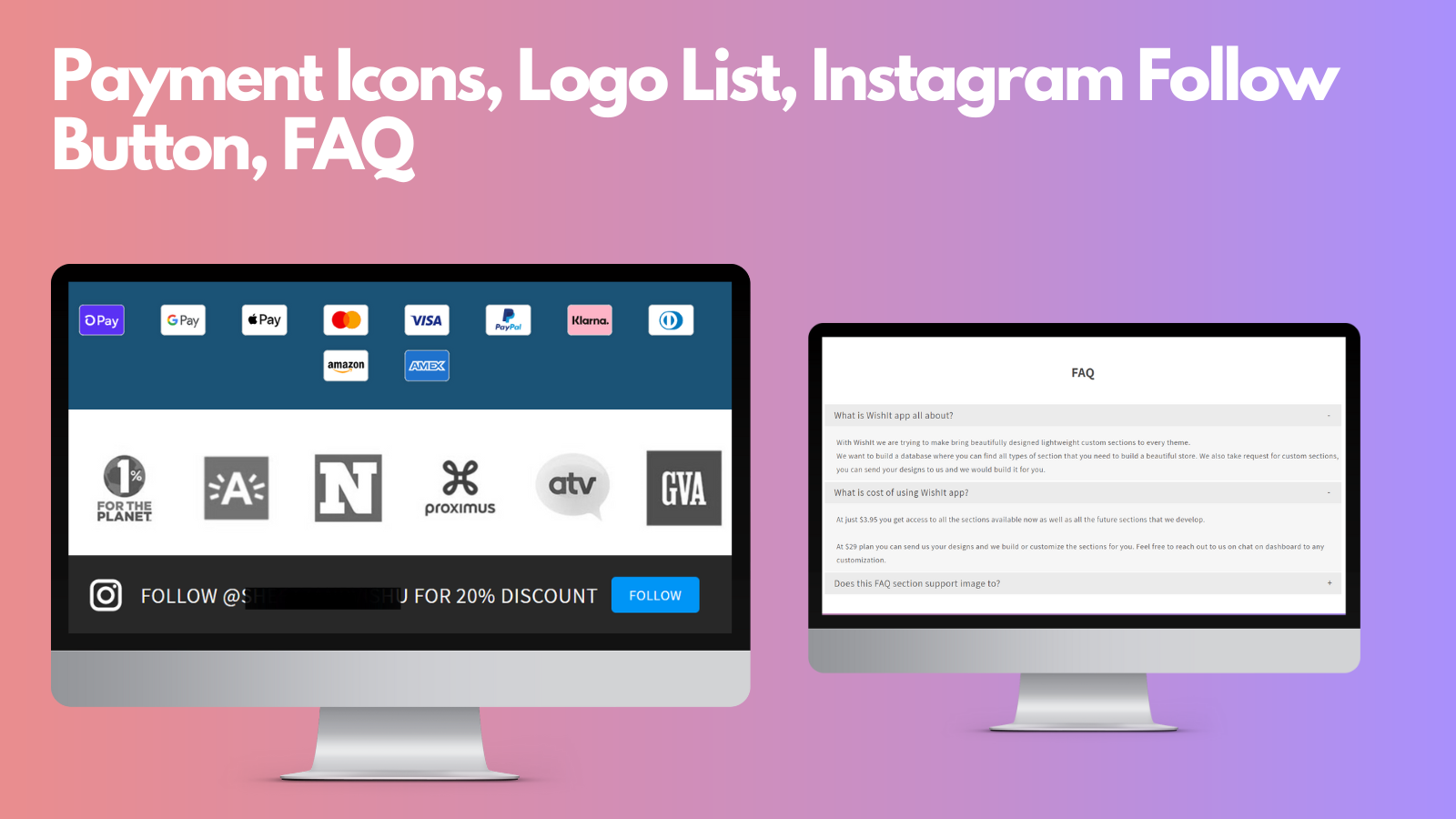 Betalingsikoner, Logo liste, Instagram Følg-knap, FAQ