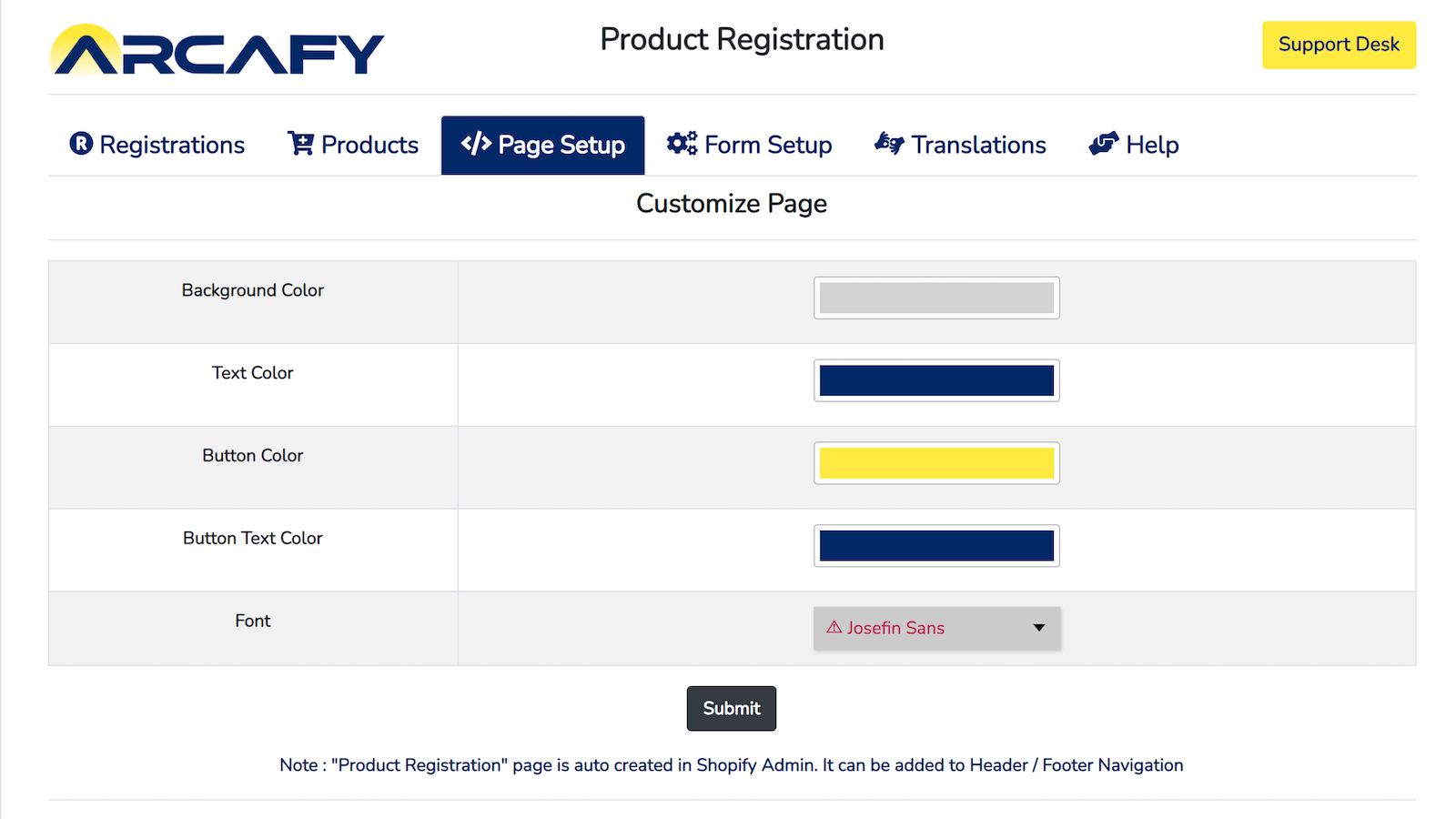 Product Registration Page