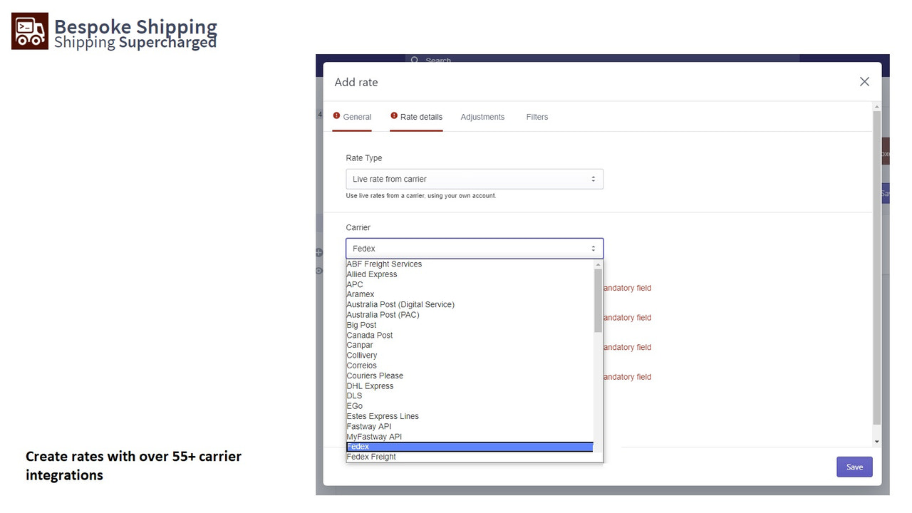 Create rates with over 80+ carrier integrations