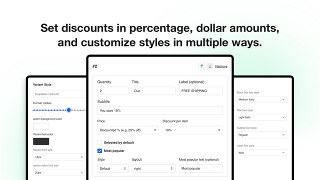 Defina descontos em porcentagem, valores em dólar e personalize o estilo