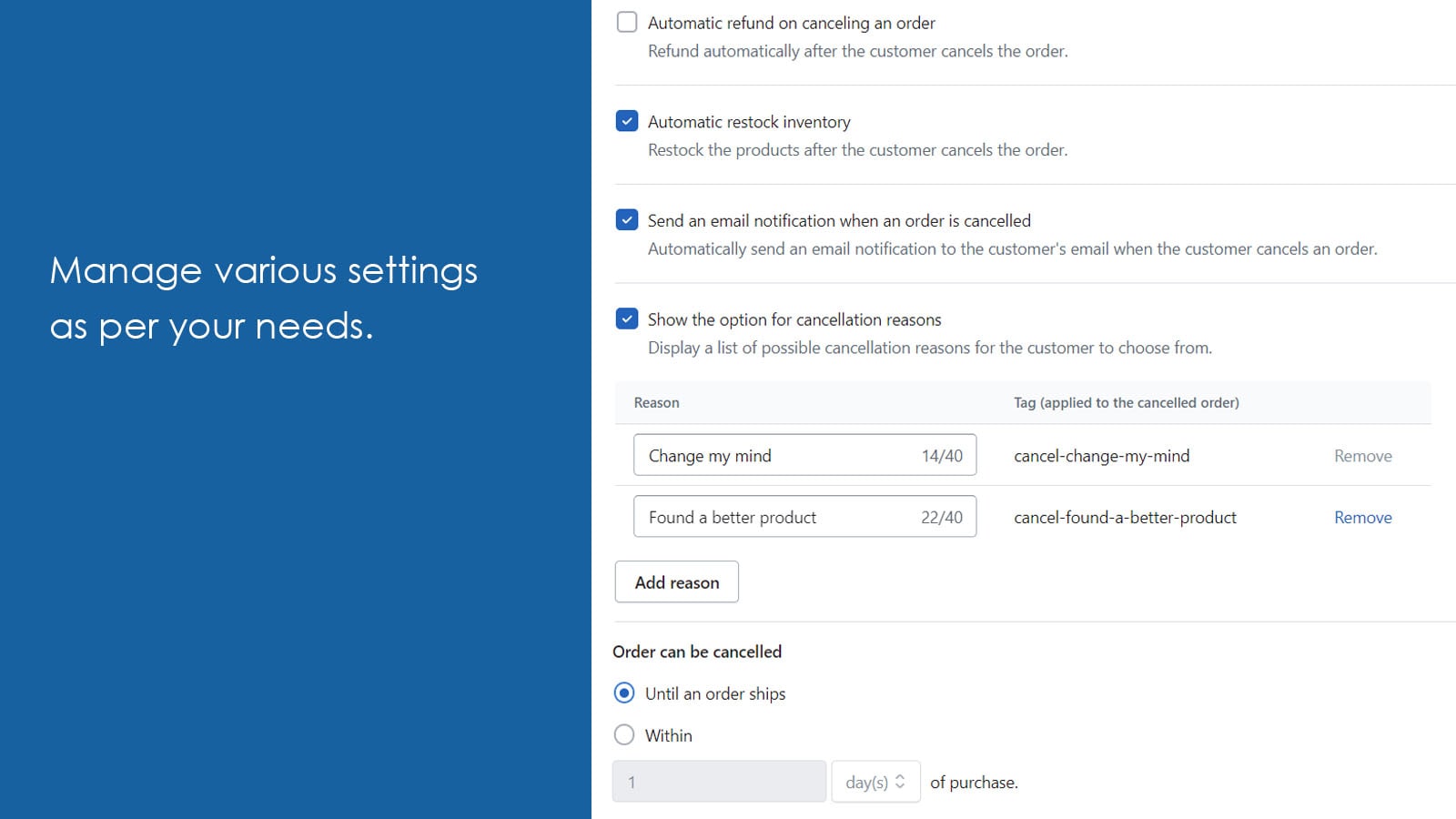 Gerenciar configurações - Codify Order Cancel