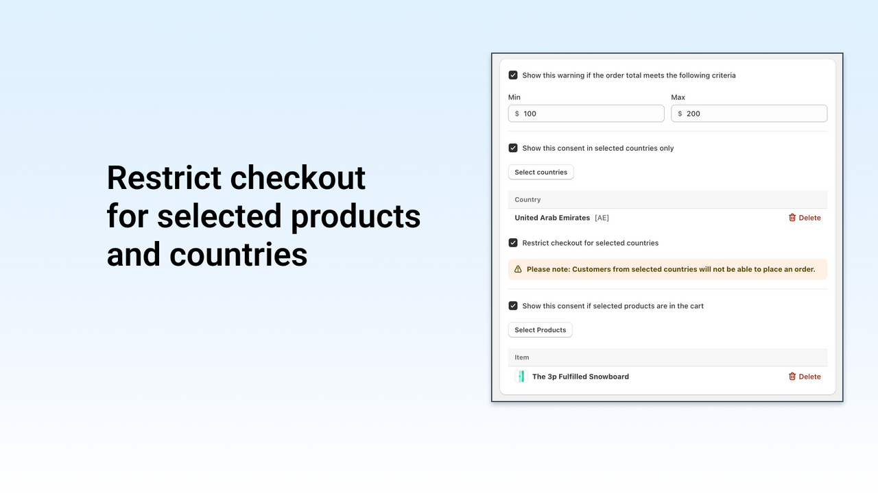 Restrict checkout  for selected products  and countries